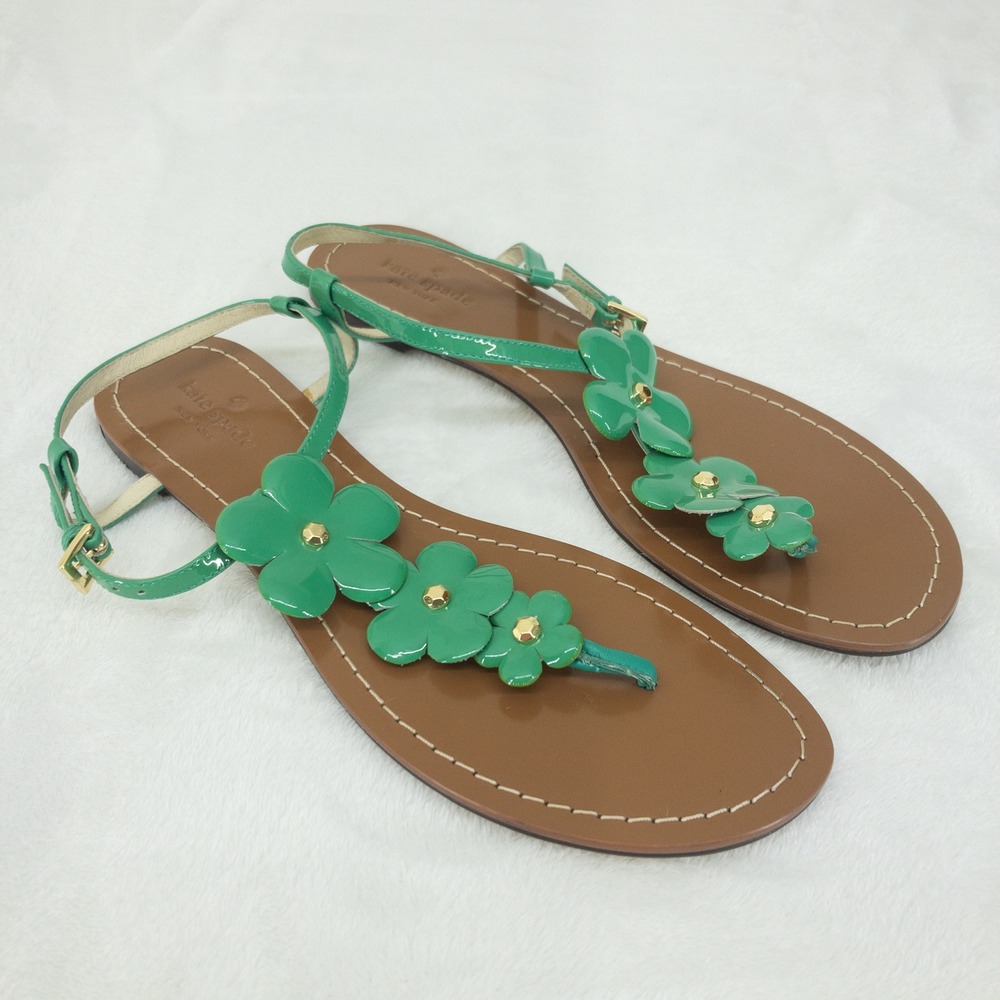 Kate Spade Sandals Womens Size 11 Green Flower T-Strap Flat Thong Beach Resort
